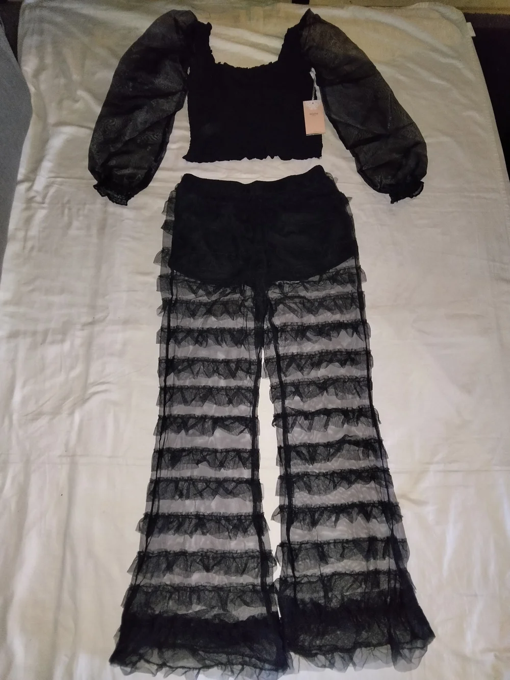 Bershka Black Sheer Ruffle Mesh Two-Piece Set